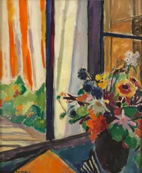 Blommor framför ett fönster, ca 1930